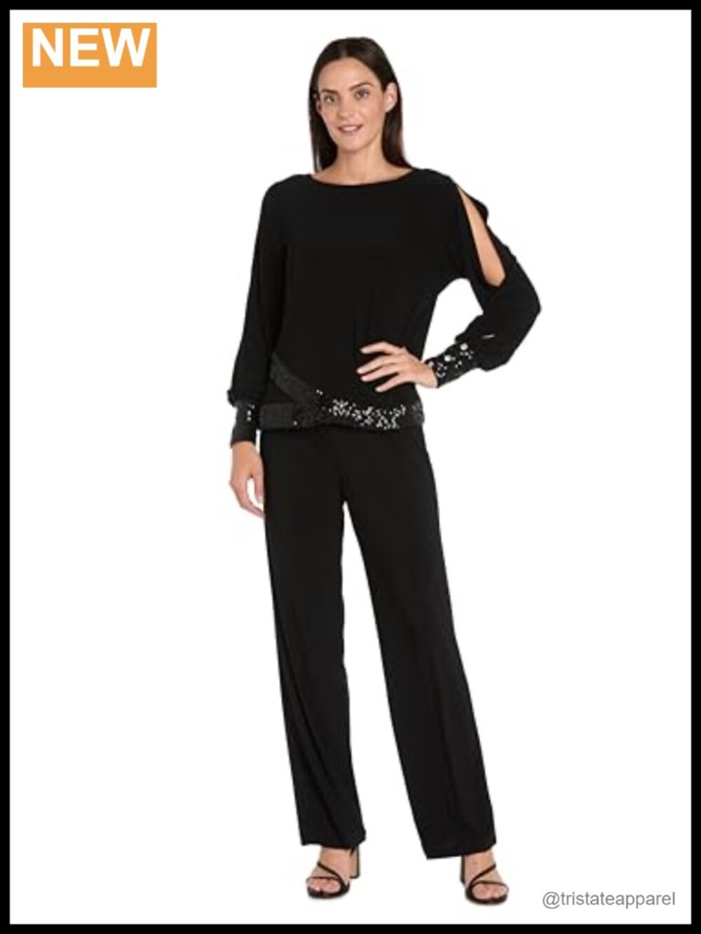 Women's Sequin Trim Blouse Rhinestone Cuff Split Sleeve Scoop Neck